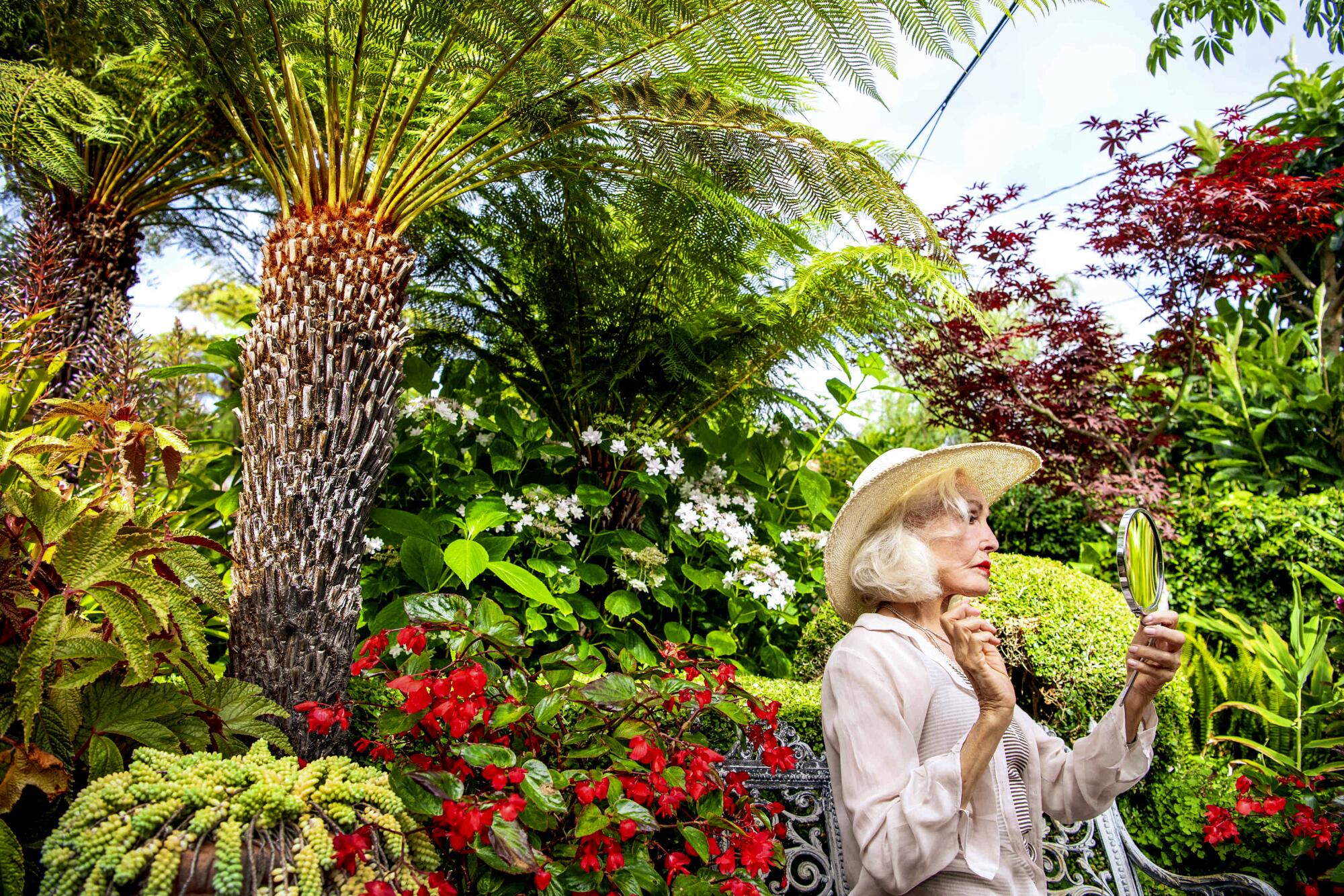 Julie Newmar in her colorful garden.