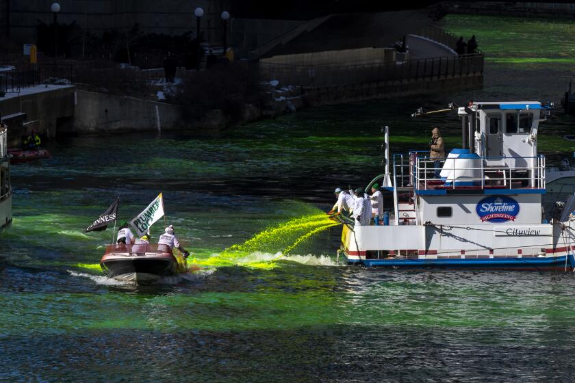 FILE - Members of the Plumbers Union Local 130 dye the Chicago River green, Saturday, March 12, 2022, ahead of St. Patrick's Day. America's largest St. Patrick's Day parades are being held Saturday, March 16, 2024. While the St. Patrick's Day holiday is March 17, it's celebrated early when it lands on a Sunday.(Tyler Pasciak LaRiviere/Chicago Sun-Times via AP, File)