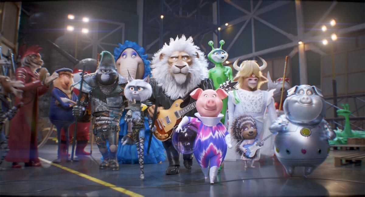 Clay Calloway(center) is a male lion and a main character in "Sing 2" voiced by U2 frontman Bono.