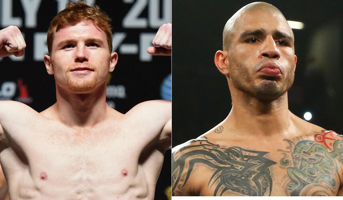Saul “Canelo” Alvarez, left, and middleweight world champion Miguel Cotto.