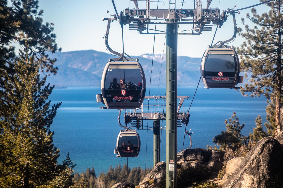 Visitors ride gondolas at a ski resort.