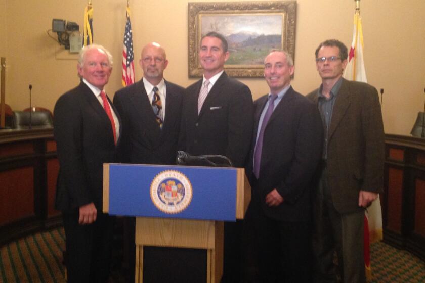Assemblyman Jeff Gorell (R-Camarillo), center, announced Thursday his proposal to make the secretary of State office nonpartisan. He was joined by, from left, former Secretary of State Bruce McPherson (I-Santa Cruz), former Assemblyman Fred Keeley (D-Santa Cruz), and Secretary of State hopefuls Dan Schnur, a nonpartisan candidate, and David S. Curtis, a Green Party candidate.