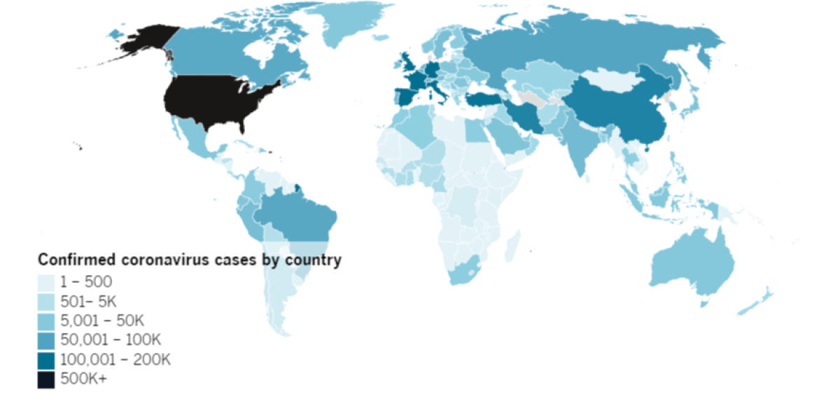 Confirmed COVID-19 cases by country as of 5 p.m. PDT Monday, April 20. Click to see the map from Johns Hopkins CSSE.