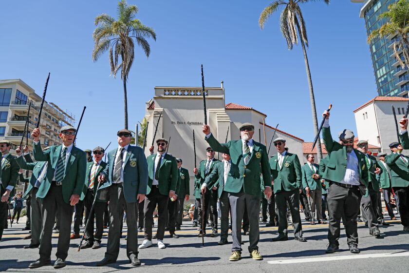 SAN DIEGO, CA MARCH 12:?Members of The Friendly Sons of St Patrick during The Annual St Patrick's Day Parade along 6th Avenue in San Diego on Saturday, March 12, 2022. The parade had over 120 entries, from High School Marching Bands, Police and Fire Department Units, Dancing Groups, Marching and Equestrian Units, Clowns, Dignitaries and Honorees, Representatives from Ireland, Antique Cars, Irish Setters and more.(Photo by Sandy Huffaker for The San Diego Union-Tribune)