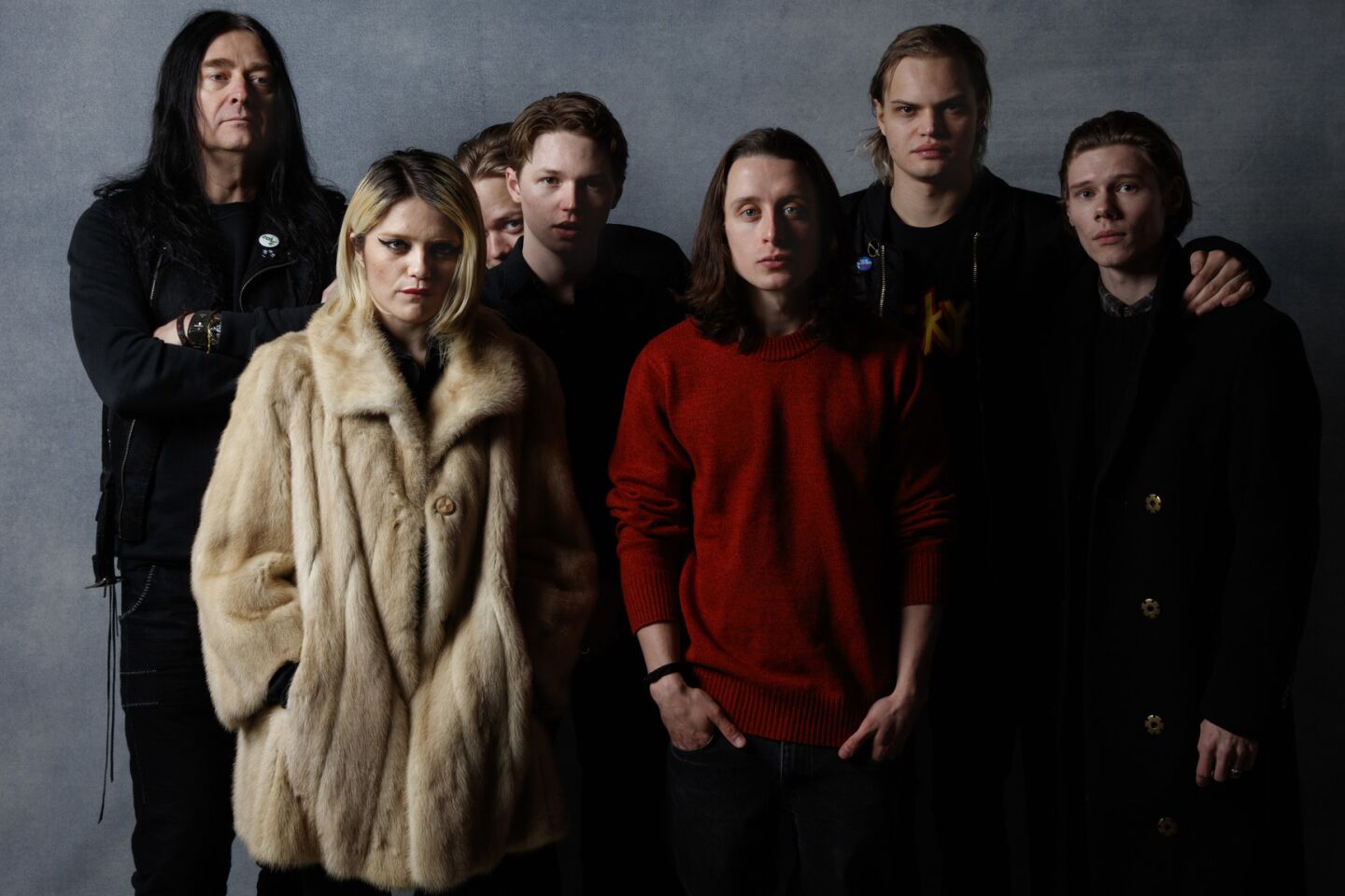 Director Jonas Akerlund, from left, actress Sky Ferreira, actor Valter Skarsgard, actor Jack Kilmer, actor Rory Culkin, actor Wilson Gonzalez and actor Lucian Charles Collier, from the film "Lords of Chaos."