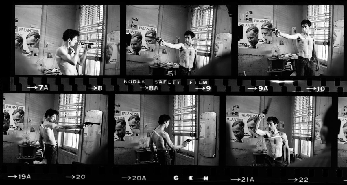 A series of black-and-white images of a shirtless man wielding a pistol.