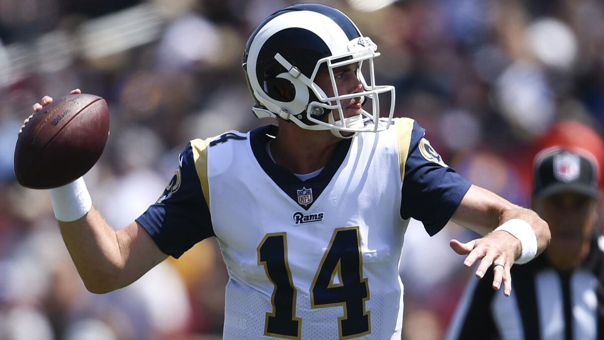Sean Mannion throws one of his 16 passes in the Rams' 19-15 victory over the Oakland Raiders in a preseason game. Mannion completed 10 passes for 87 yards and a touchdown.