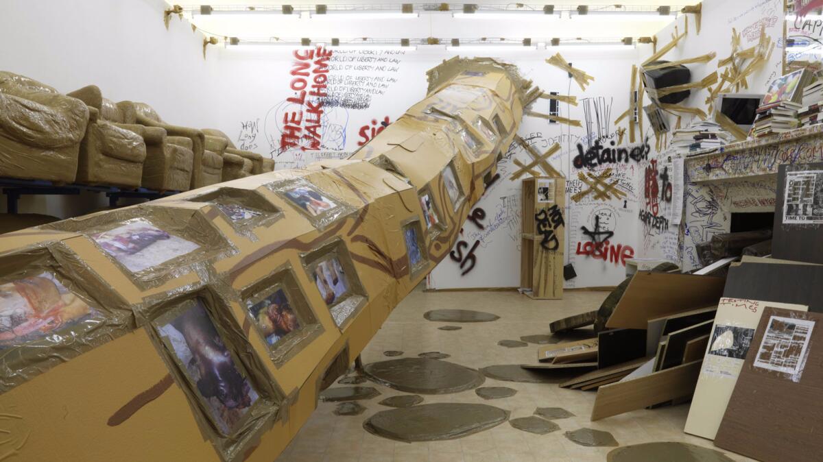 An installation view of Thomas Hirschhorn's "Stand-alone" at Arndt & Partner Gallery in Berlin. (The Mistake Room / Coleccin Isabel y Agustin Coppel, CIAC)