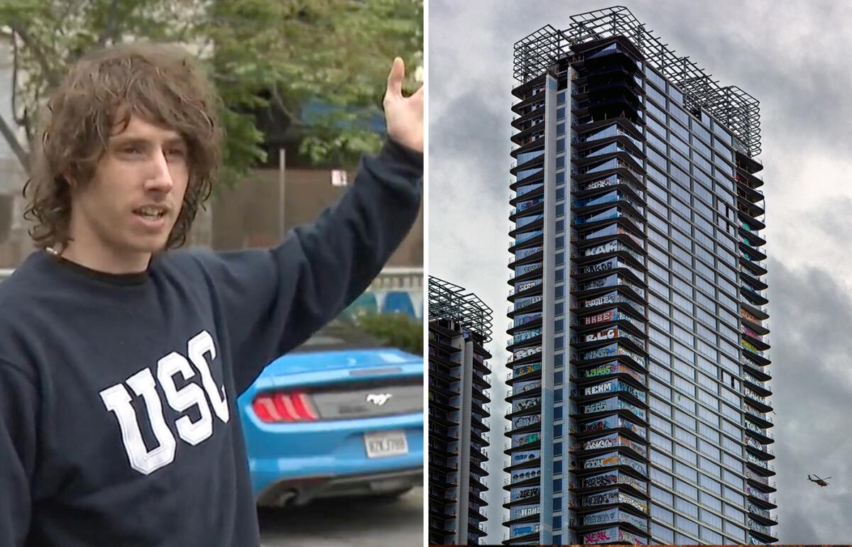 Side by side photos of a man with an upraised arm and a couple skyscrapers.