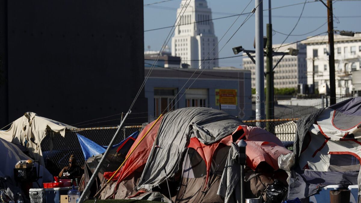 Tents line the street near 6th Street and Central Avenue in downtown Los Angeles. L.A. County is estimated to have more than 52,000 homeless residents, most of them living on the street.