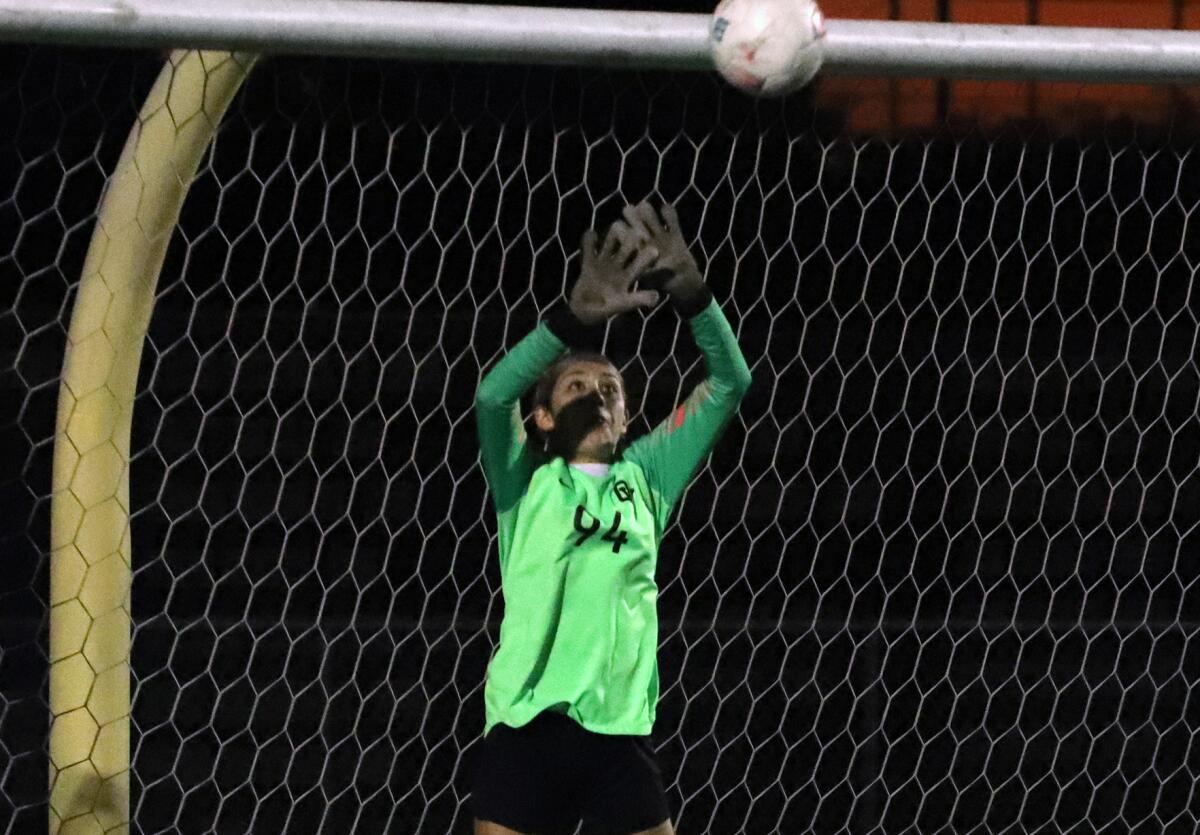 Ocean View goalkeeper Sydnie Enriquez (94) leaps for the save against Katella on Thursday night.