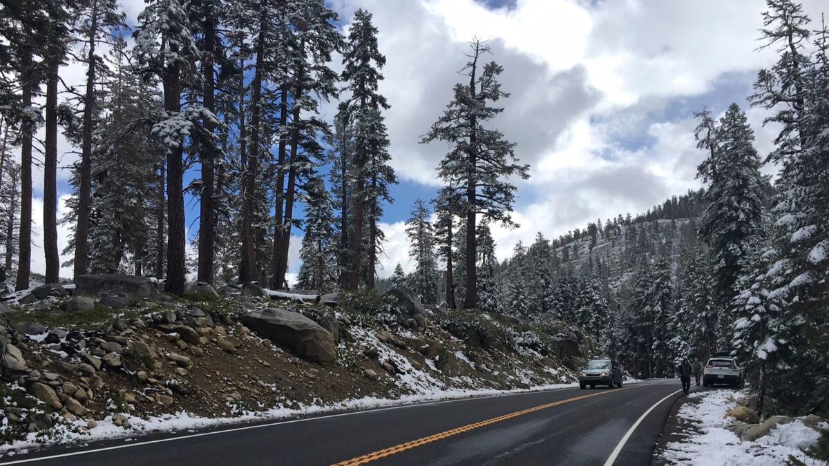 A car makes its way along Tioga Road after the first snow of the season last month in Yosemite National Park, Calif. Tioga Road will be closed to traffic ahead of storms expected to dump up to 2 feet of snow on the highest peaks, park officials said.