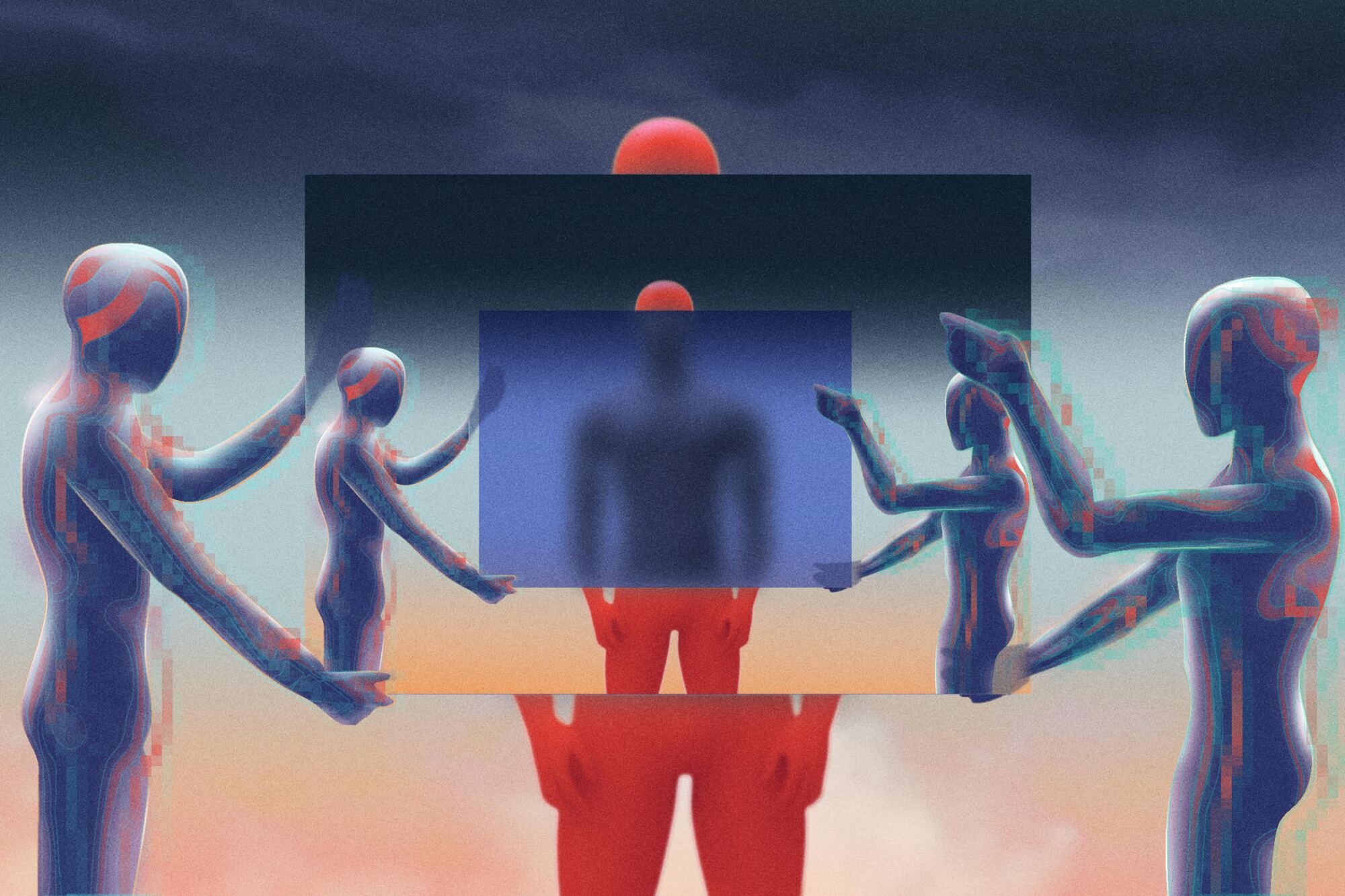 Two computer-generated figures hold up a frame showing two more figures holding a frame obscuring a large red blurry figure