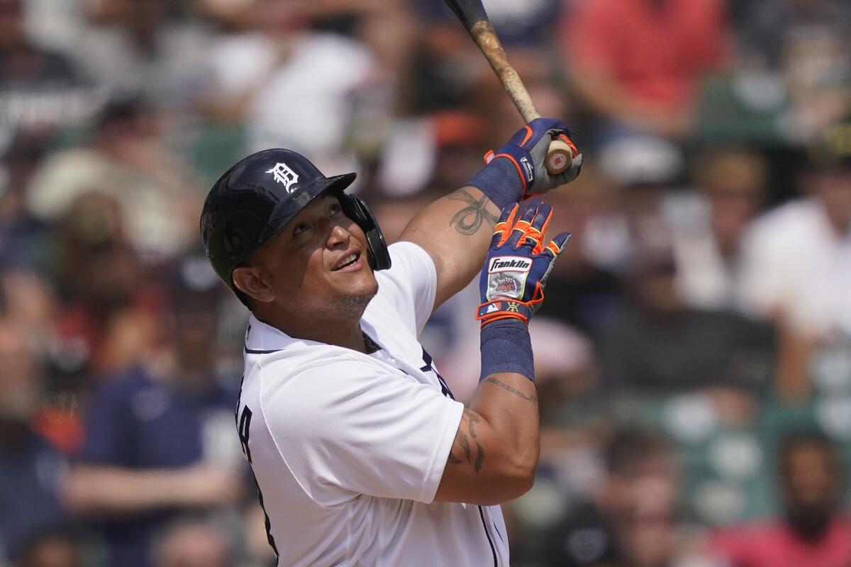 Detroit Tigers designated hitter Miguel Cabrera watches his foul out to right which allowed Robbie Grossman to score during the sixth inning of a baseball game against the Baltimore Orioles, Sunday, Aug. 1, 2021, in Detroit. (AP Photo/Carlos Osorio)