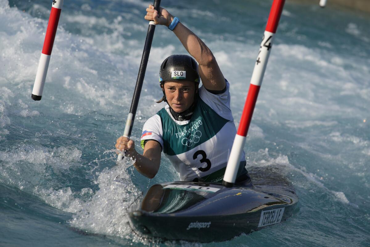 Eva Tercelj of Slovenia competes in women's canoe slalom.