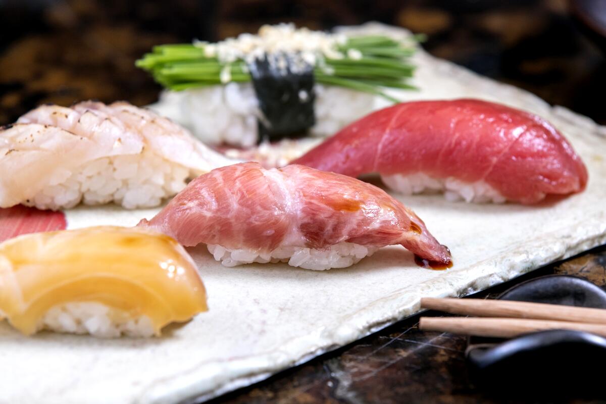 A sushi selection by Shin Sushi chef-owner Taketoshi Azumi's seasonal omasake menu