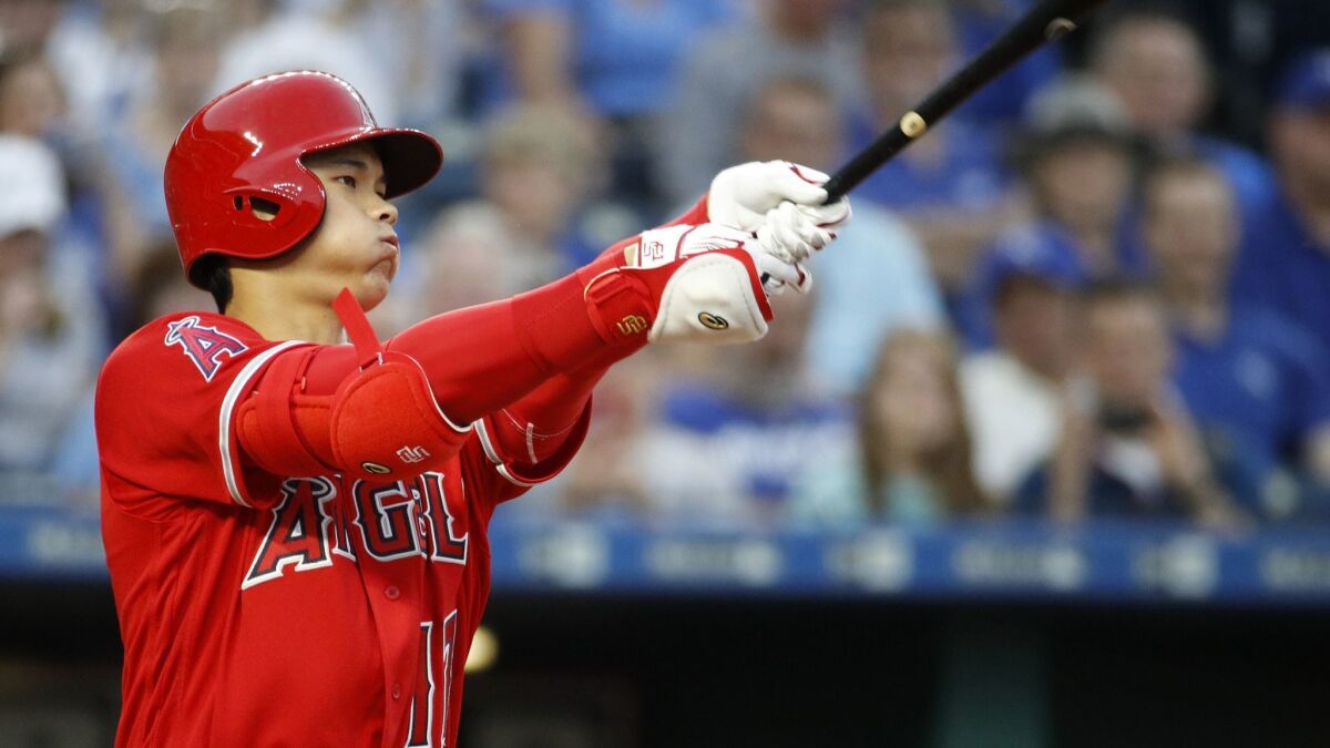 Angels' Shohei Ohtani bats during the second inning against the Kansas City Royals on Thursday