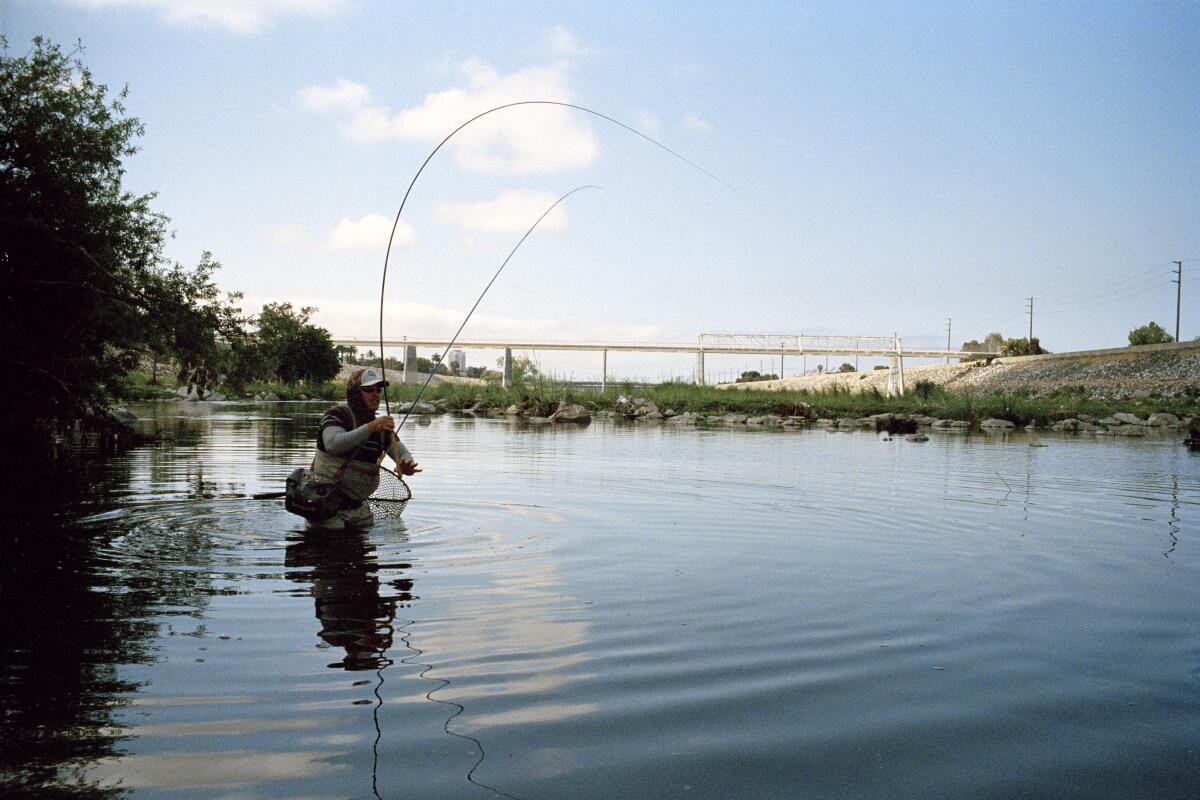 Lino Jubilado uses a tenkara-style fly-fishing rod in the L.A. River.