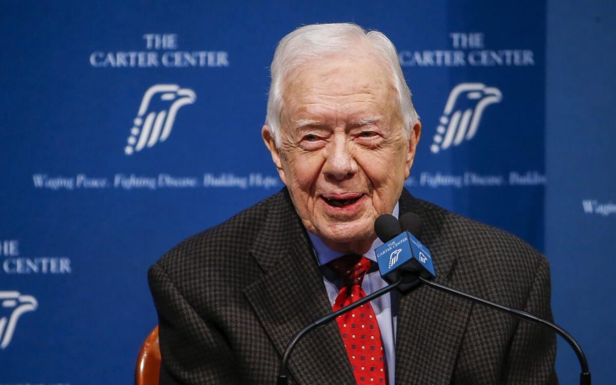 Jimmy Carter gives the media an update on his recent cancer diagnosis at the Carter Center in Atlanta on Aug. 20.