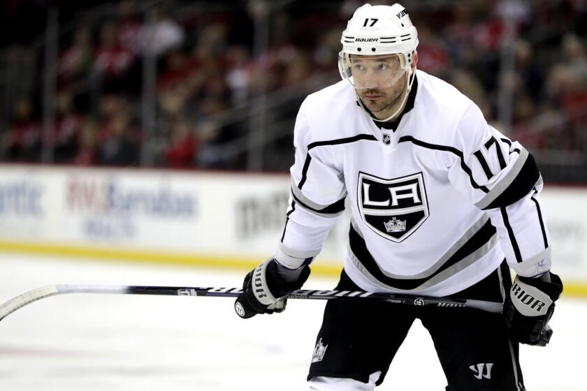 Los Angeles Kings left wing Ilya Kovalchuk, of Russia, looks on before play resumes against the New Jersey Devils during the first period of an NHL hockey game, Tuesday, Feb. 5, 2019, in Newark, N.J. (AP Photo/Julio Cortez)