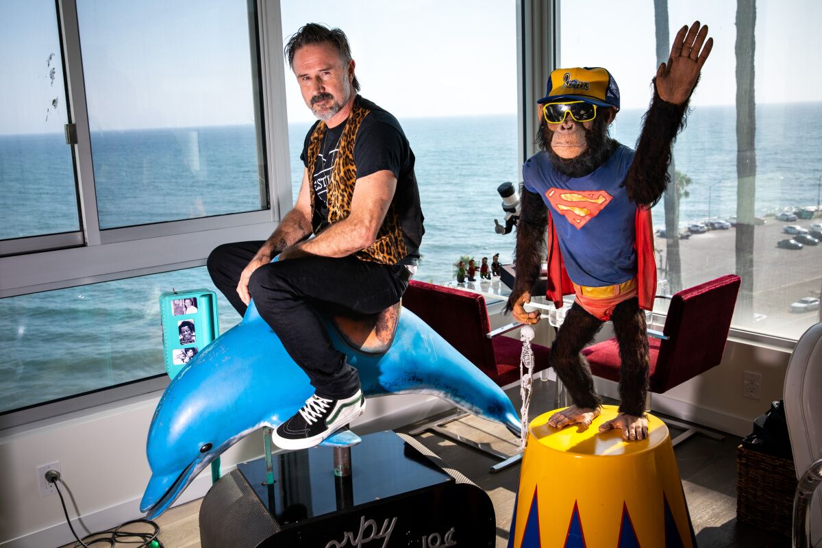 David Arquette sits on a dolphin figure in front of a window with the ocean visible outside.