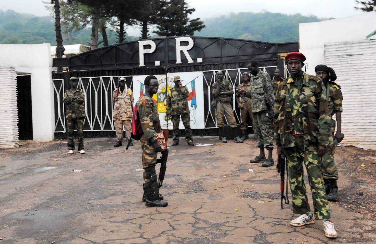 Rebel forces guard the presidential palace in Bangui, the capital of the Central African Republic, after seizing power.