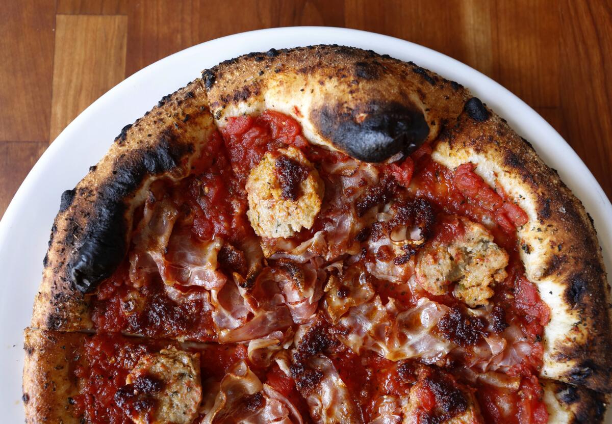 The polpette pizza at Kettle Black restaurant in Silver Lake.