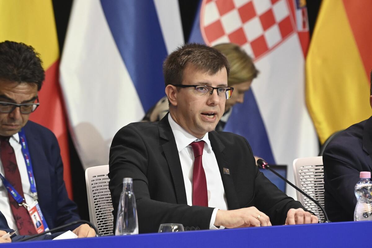 European Affairs Minister Janos Boka of Hungary speaks during a meeting