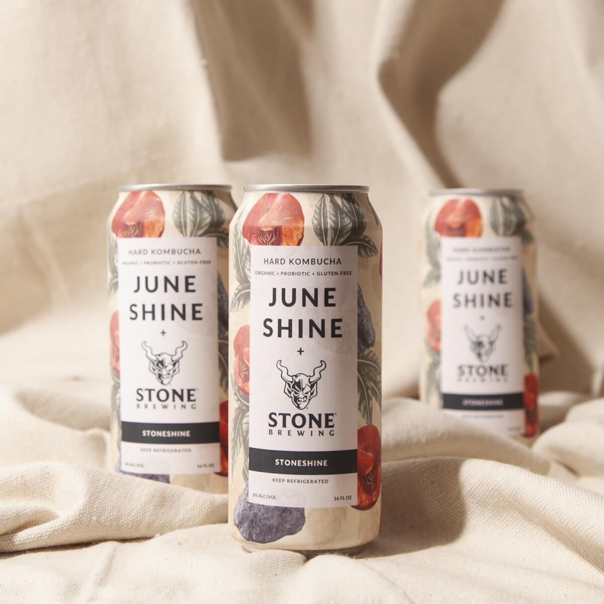 A can of StoneShine, a new product from JuneShine Hard Kombucha and Stone Brewing