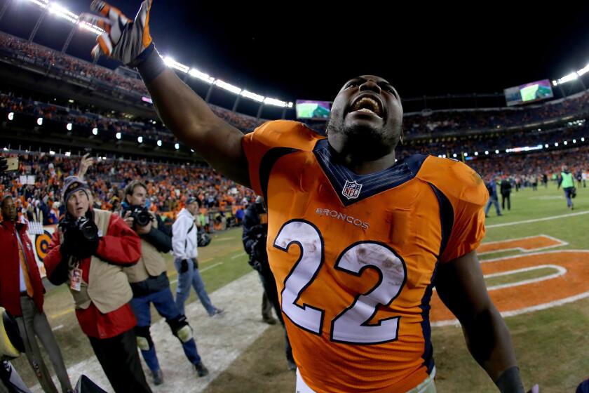 Broncos running back C.J. Anderson celebrates after a playoff victory over the Steelers on Jan. 17.