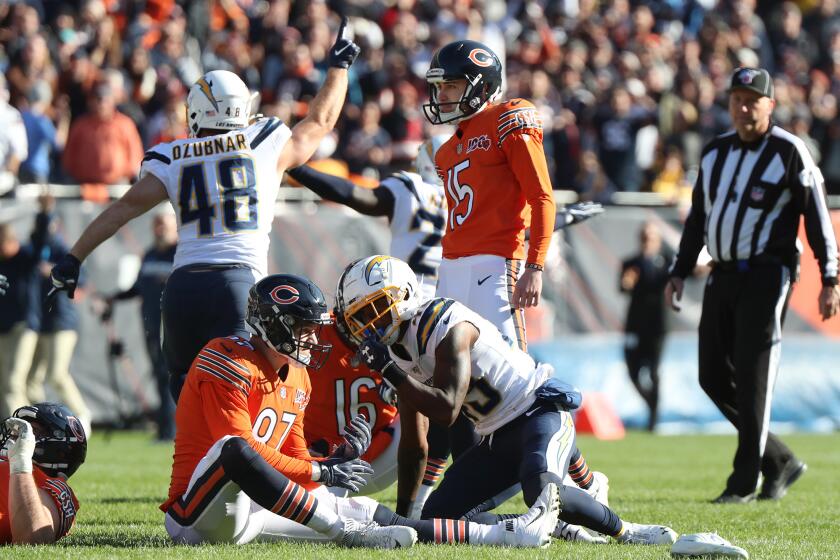 Chicago Bears kicker Eddy Pineiro (15) stands alone after his field goal attempt goes wide left as the Bears lose to the Los Angeles Chargers 17-16 on Sunday, Oct. 27, 2019 at Soldier Field in Chicago, Ill. (John J. Kim/Chicago Tribune/Tribune News Service via Getty Images)