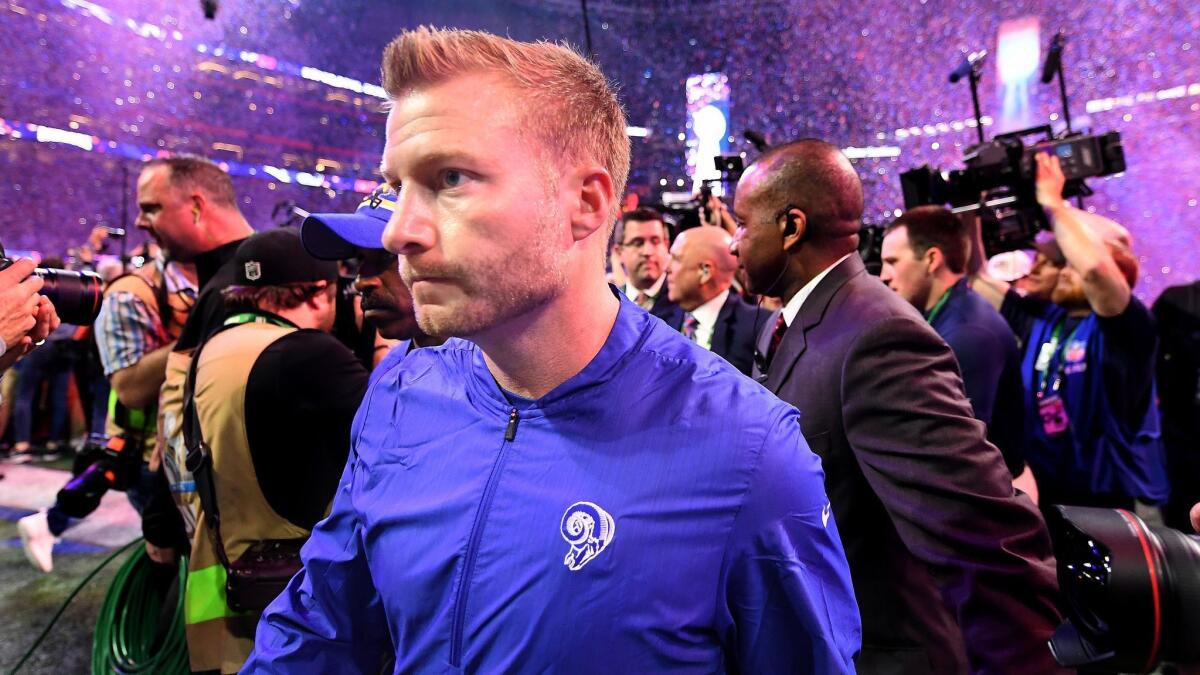 Coach Sean McVay, walking off the field after the Rams lost 13-3 to New England in Super Bowl LIII, believes the team will learn from the experience and bounce back from the setback.