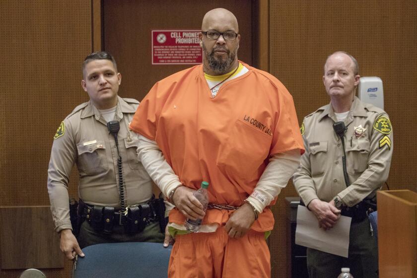 LOS ANGELES CA FEBRUARY 01, 2018 --- Rap mogul Marion "Suge" Knight, facing criminal threats charges, appears in the court of Judge Craig Richman at Los Angeles Superior Court on February 01, 2018, Los Angeles. (Irfan Khan / Los Angeles Times)