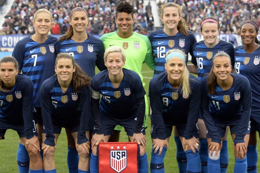 The United States women's national soccer team poses before a SheBelieves Cup women's soccer match against England Saturday, March 2, 2019, in Nashville, Tenn. (AP Photo/Mark Zaleski)