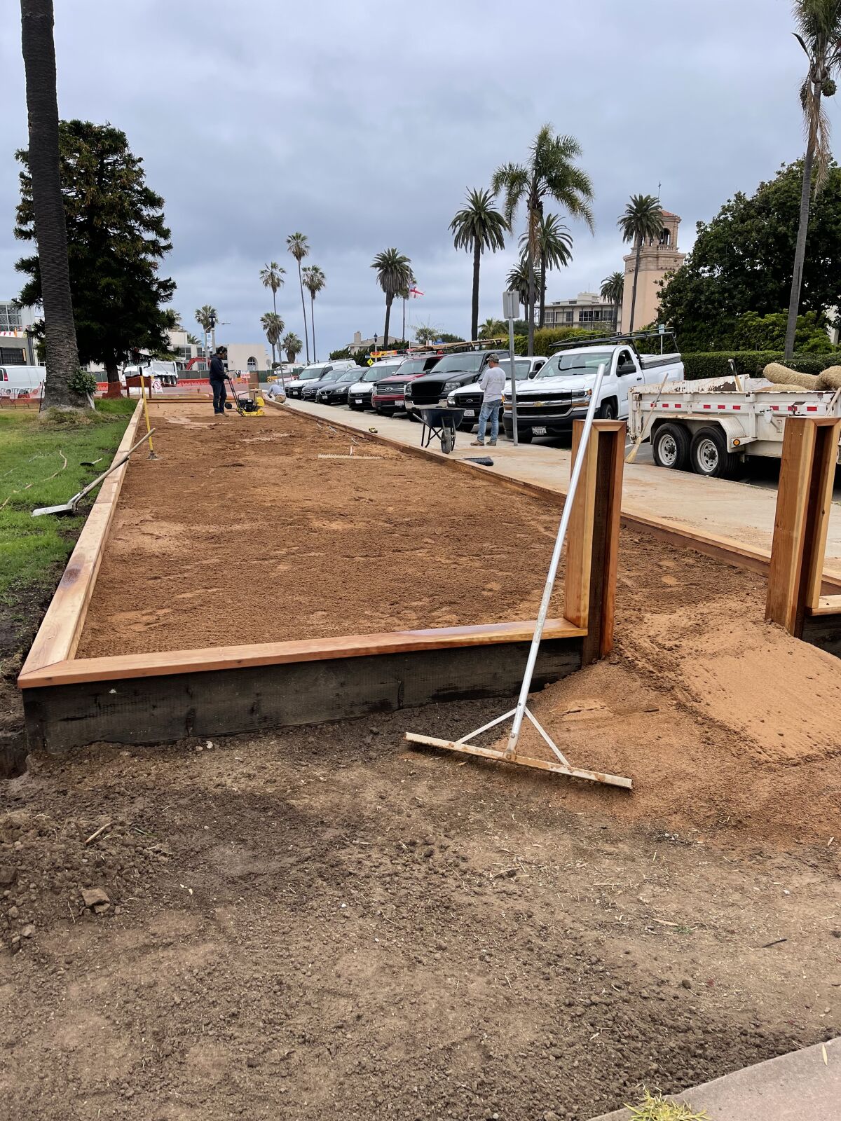 The La Jolla Recreation Center's new temporary bocce court is pictured under construction June 24.