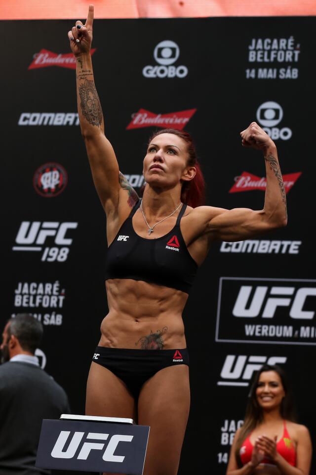CURITIBA, BRAZIL - MAY 13: Cris Cyborg Justino of Brazil weighs in during the UFC 198 weigh-in at Arena da Baixada stadium on May 13, 2016 in Curitiba, Brazil. (Photo by Buda Mendes/Getty Images) ** OUTS - ELSENT, FPG, CM - OUTS * NM, PH, VA if sourced by CT, LA or MoD **