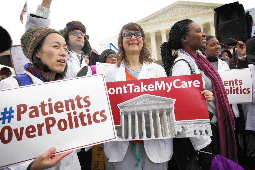 If plaintiffs prevail in the King vs. Burwell case, about 7.5 million residents of federal Obamacare exchange states would be at risk of losing insurance because they depend on the tax subsidies to make coverage affordable. Above, Obamacare backers at a March 4 rally in front of the Supreme Court.