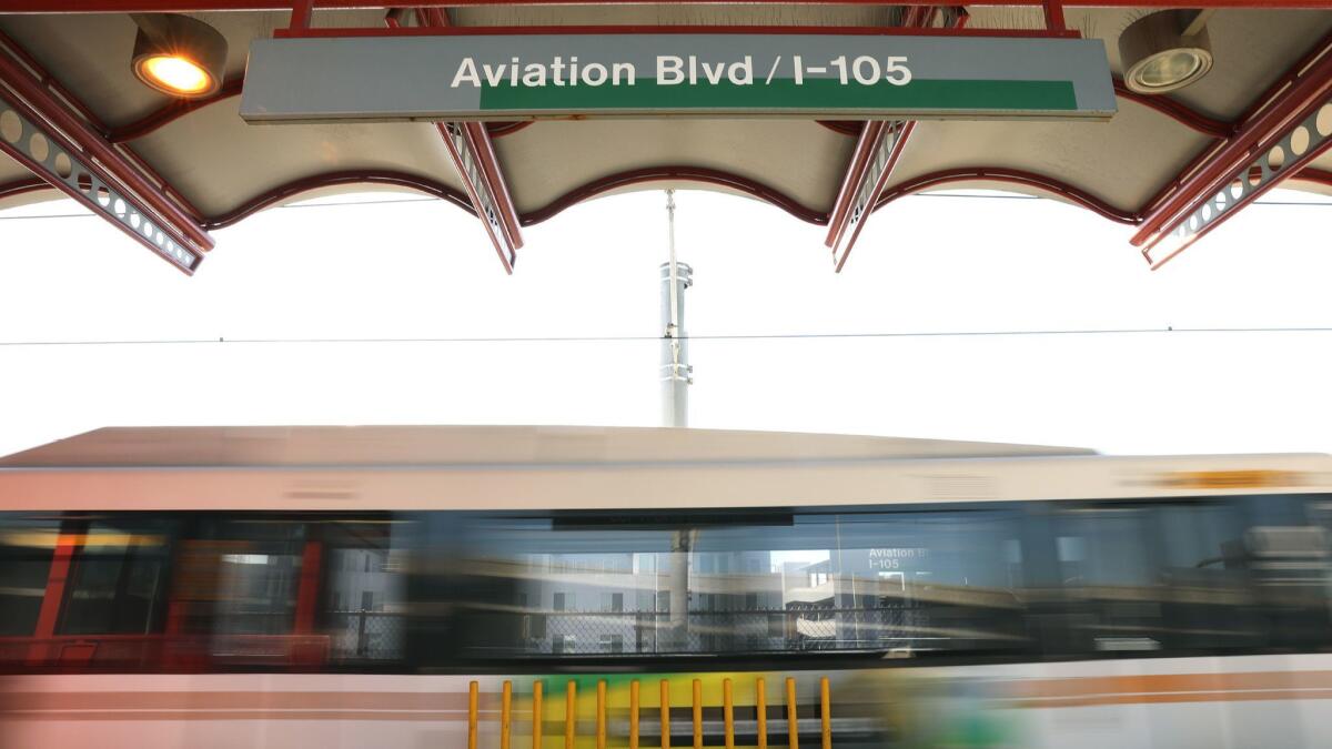 A Green Line train leaves Aviation/LAX, one of six Metro stations that will be closed from Friday night until Jan. 20.