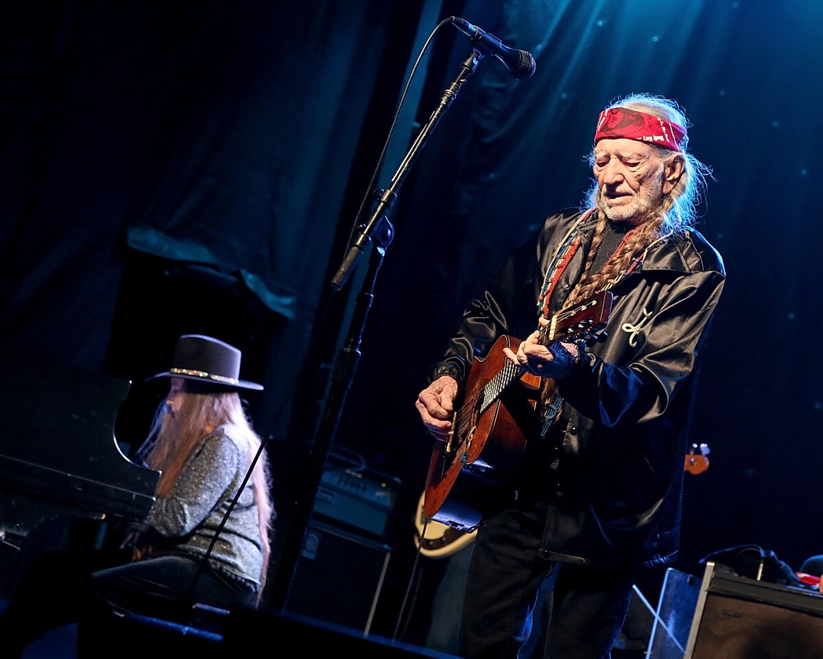 Two musicians onstage performing
