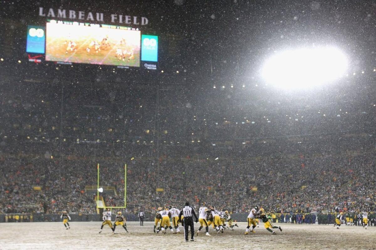 The forecast calls for a high of zero degrees in Green Bay on Sunday and a low of minus-18, colder than it was in the Dec. 23 Pittsburgh-Green Bay game, pictured above.