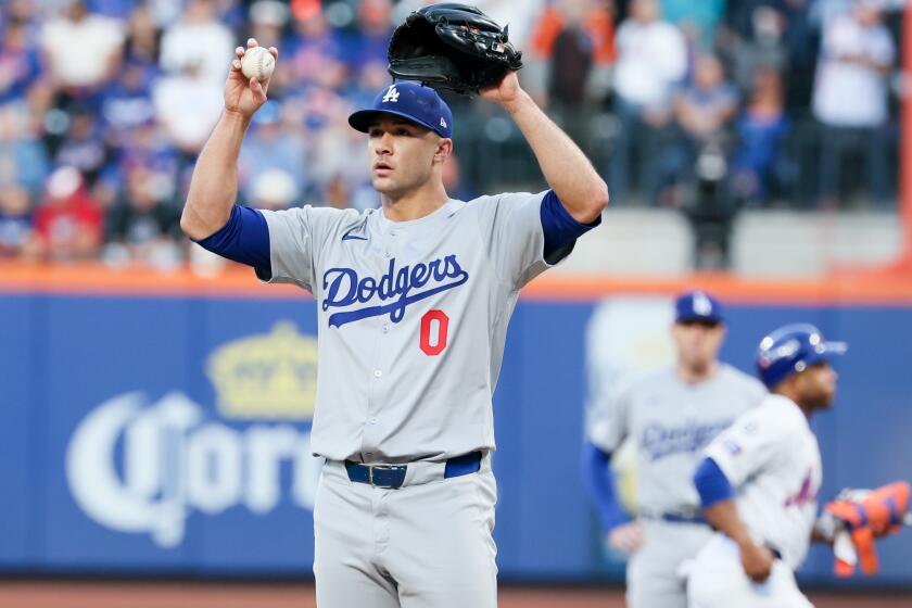 NEW YORK, NEW YORK - OCTOBER 18: Jack Flaherty #0 of the Los Angeles Dodgers reacts.