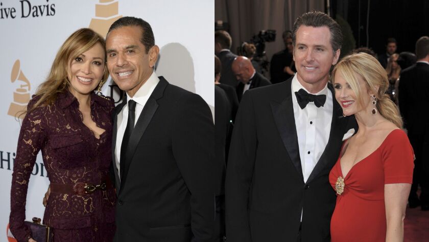 Former Los Angeles Mayor Antonio Villaraigosa and wife Patricia Govea attend the 2016 pre-Grammy Gala at The Beverly Hilton Hotel. At right, Lt. Gov. Gavin Newsom and wife Jennifer Siebel attend the 85th Academy Awards at Hollywood & Highland Center.