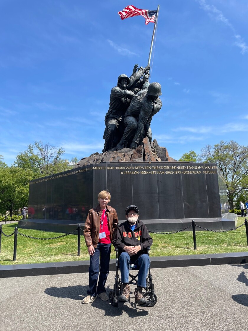 Jake Hauenstein with WWII veteran Jim Ziegler at the Marine Corps War Memorial in Washington D.C.