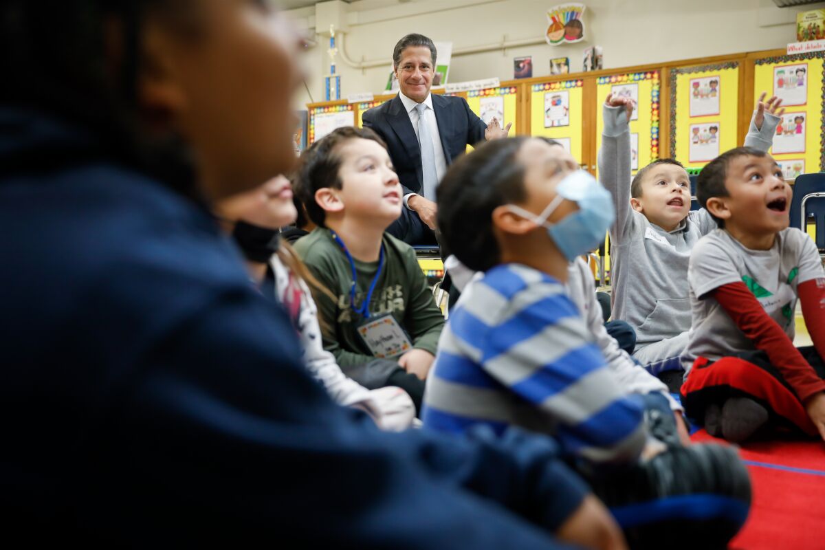 Some students wear masks in this first-grade classroom in Los Angeles.