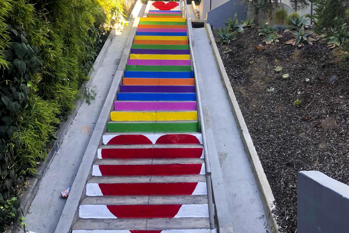 A photograph of rainbow Silver Lake stairs with a heart