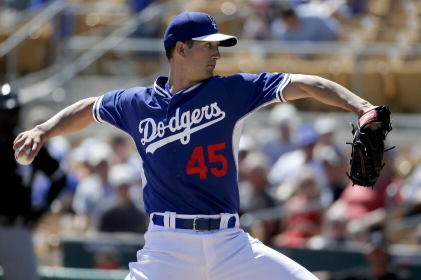 The Dodgers' Joe Wieland pitches against the Chicago White Sox during spring training in Glendale, Ariz., on March 31.