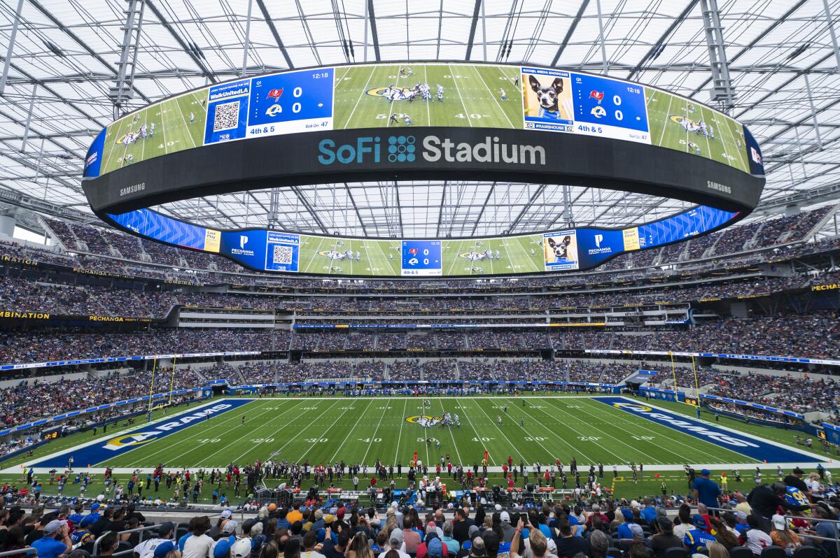 General overall interior view of SoFi Stadium as the Los Angeles R 