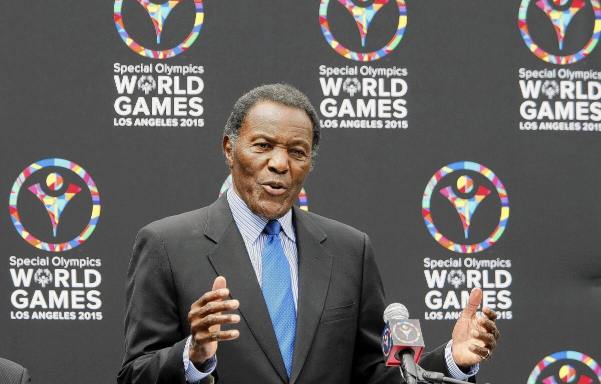 Former Olympics gold medalist Rafer Johnson speaks during a press conference for the Special Olympics World Games at the Americana at Brand in Glendale on Thursday, July 17, 2014.