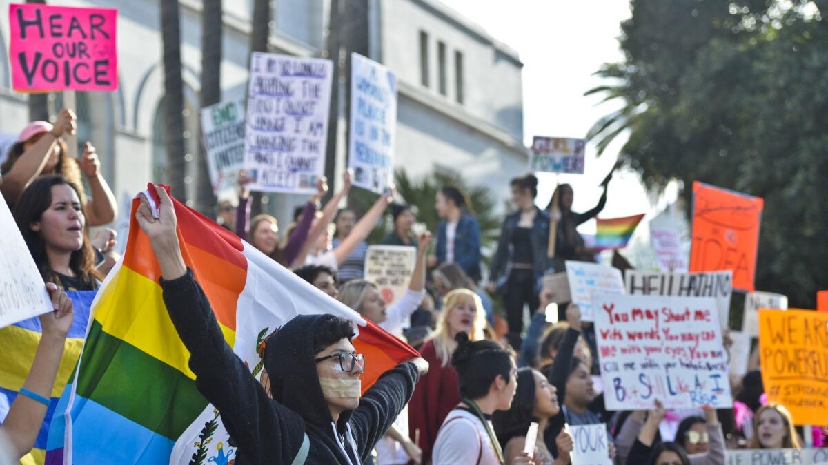 Women's March LA celebrating human rights and diversity the day after Donald Trump's inauguration on Jan. 21, 2017, in Los Angeles.