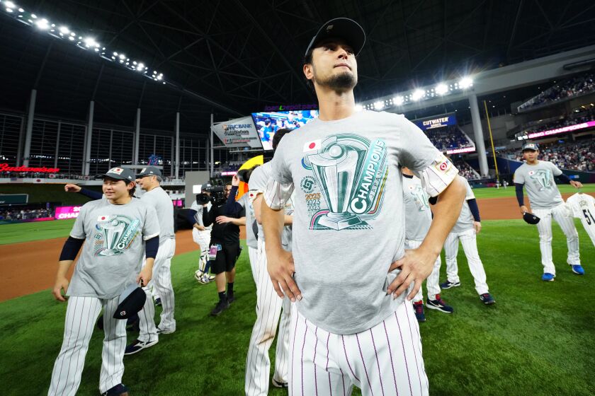 MIAMI, FL - MARCH 21: Yu Darvish #11 of Team Japan celebrates after Team Japans 3-2 victory over Team USA in the 2023 World Baseball Classic Championship game at loanDepot Park on Tuesday, March 21, 2023 in Miami, Florida. (Photo by Daniel Shirey/WBCI/MLB Photos via Getty Images)